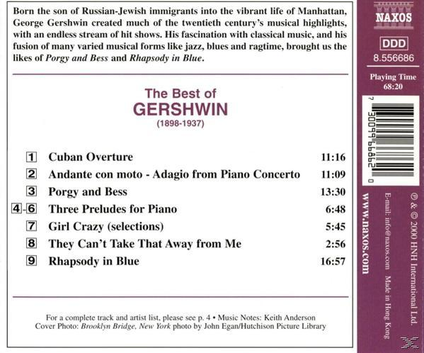 CD-Coverrückseite: Titelliste von The Best of Gershwin. Weißer Hintergrund, Text und Barcode.