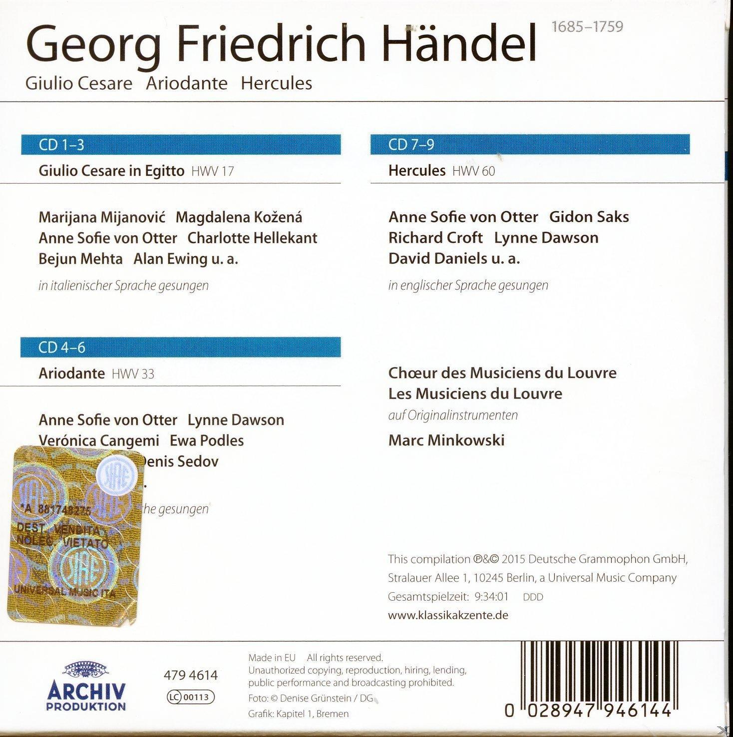 CD-Cover mit Text über Georg Friedrich Händels Werk. Hintergrund mit Namen und Titeln.
