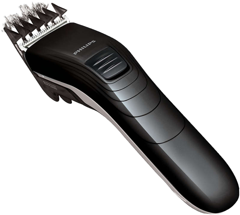 Fekete Philips hajvágó gép, ferde nézetben. A pengék a tetején láthatók. A test ívelt, ergonomikus kialakítású.