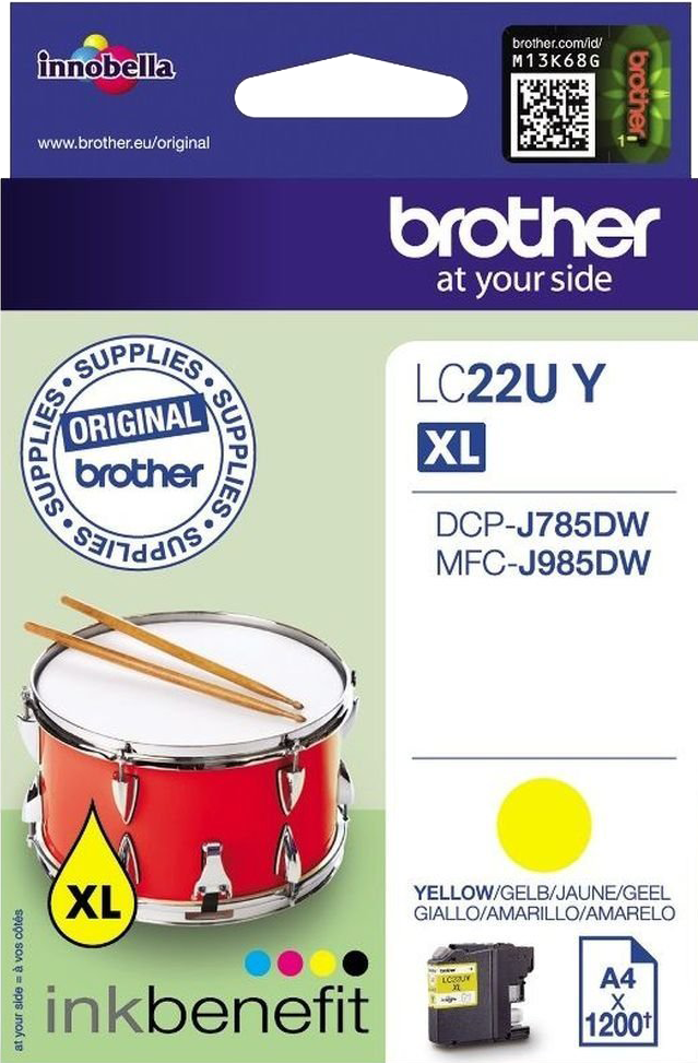 Brother inktcartridge verpakking. Rode trommel, gele cirkel, tekst en een cartridge voorbeeld zijn zichtbaar.