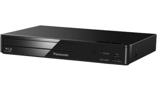 Fekete DVD-lejátszó, lemeztálcával, Panasonic logóval és jelzőfényekkel. Táp- és USB-portok láthatók.