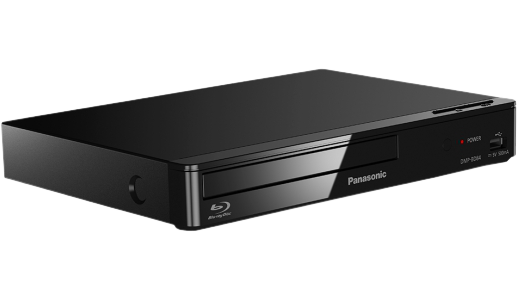 Egy fekete Panasonic Blu-ray lejátszó. A tálca enyhén nyitva van. A bekapcsolásjelző világít.