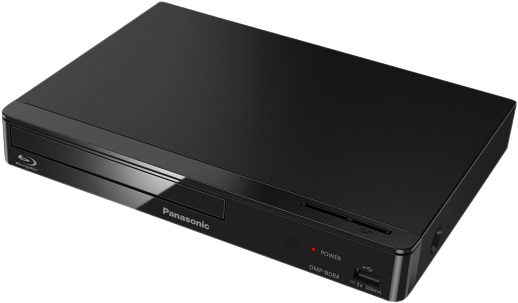Fekete Panasonic Blu-ray lejátszó, fényes felülettel. Be/ki gombbal, USB porttal és lemez tálcával.
