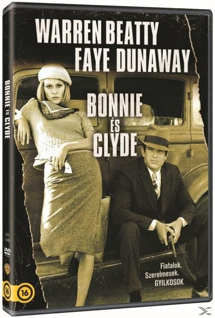 A 'Bonnie és Clyde' DVD borítója. Warren Beatty, Faye Dunaway egy autó közelében állnak. Szépia tónusok.
