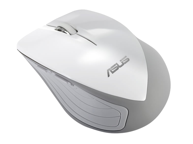Fehér és szürke Asus vezeték nélküli egér görgetőkerékkel. Az egéren az Asus logója látható.