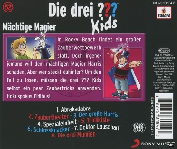 Rückseite einer DVD-Hülle. Enthält Text und Illustrationen einer Zeichentrickserie: Die drei ??? Kids.