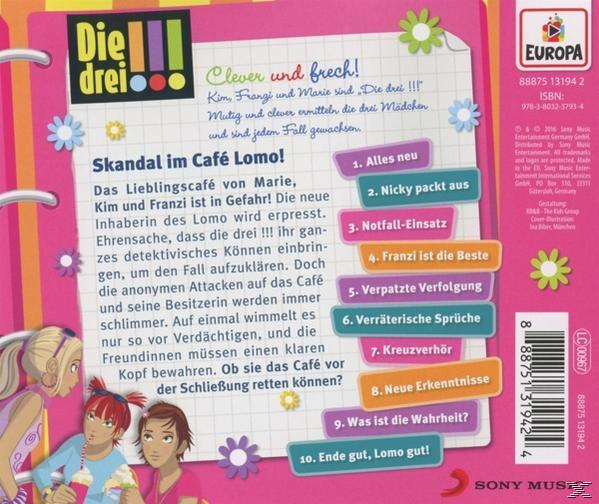 Rückseite eines Kinderbuchs über die drei Detektive mit Text und Bildern.