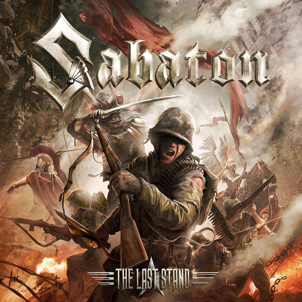 Album borító: Sabaton 'The Last Stand'. Katonákat ábrázol a csatában, drámai éggel.