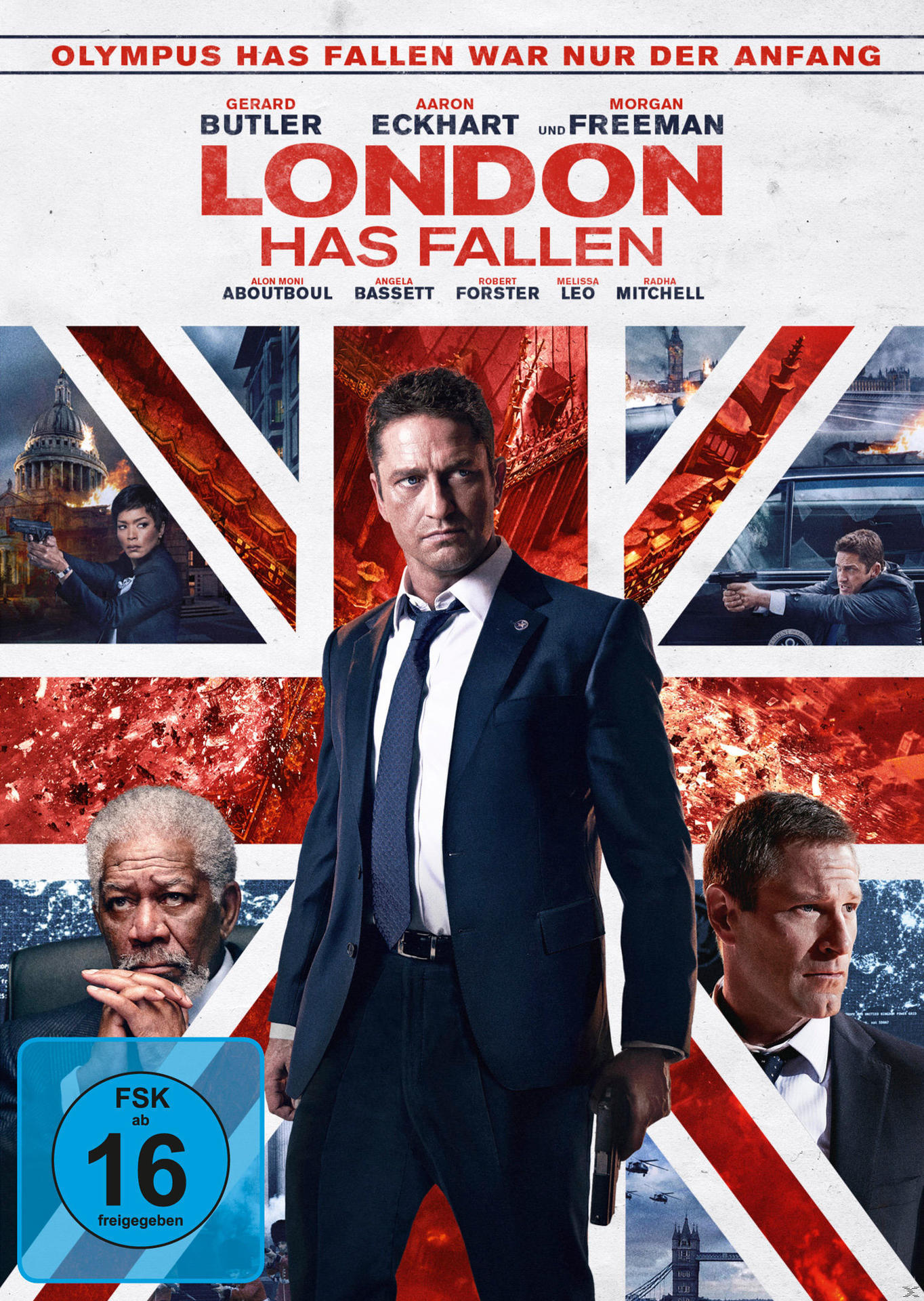Filmposter mit Schauspielern und dem Union Jack, Titel LONDON HAS FALLEN.