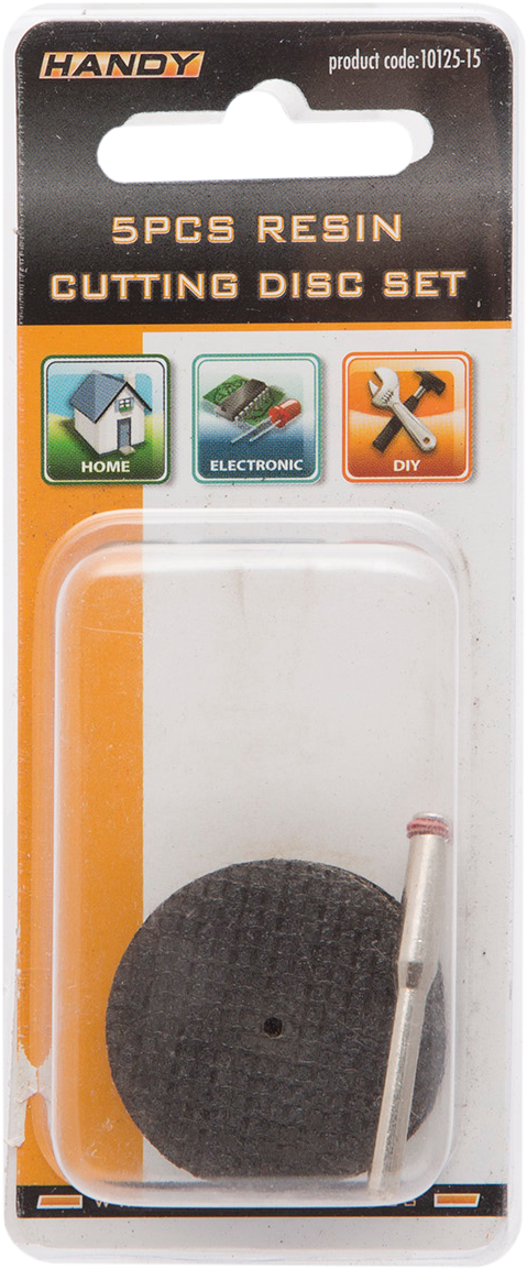 Gyanta vágótárcsák csomagja. Szöveg: 5PCS RESIN CUTTING DISC SET. Ikonok: Home, Electronic, DIY.