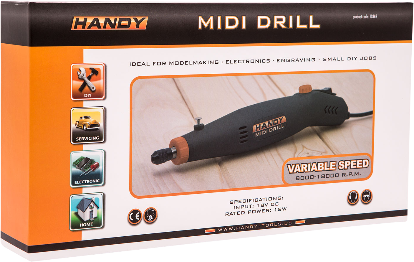 Handy Midi Drill a dobozában, szöveggel és illusztrációkkal.
