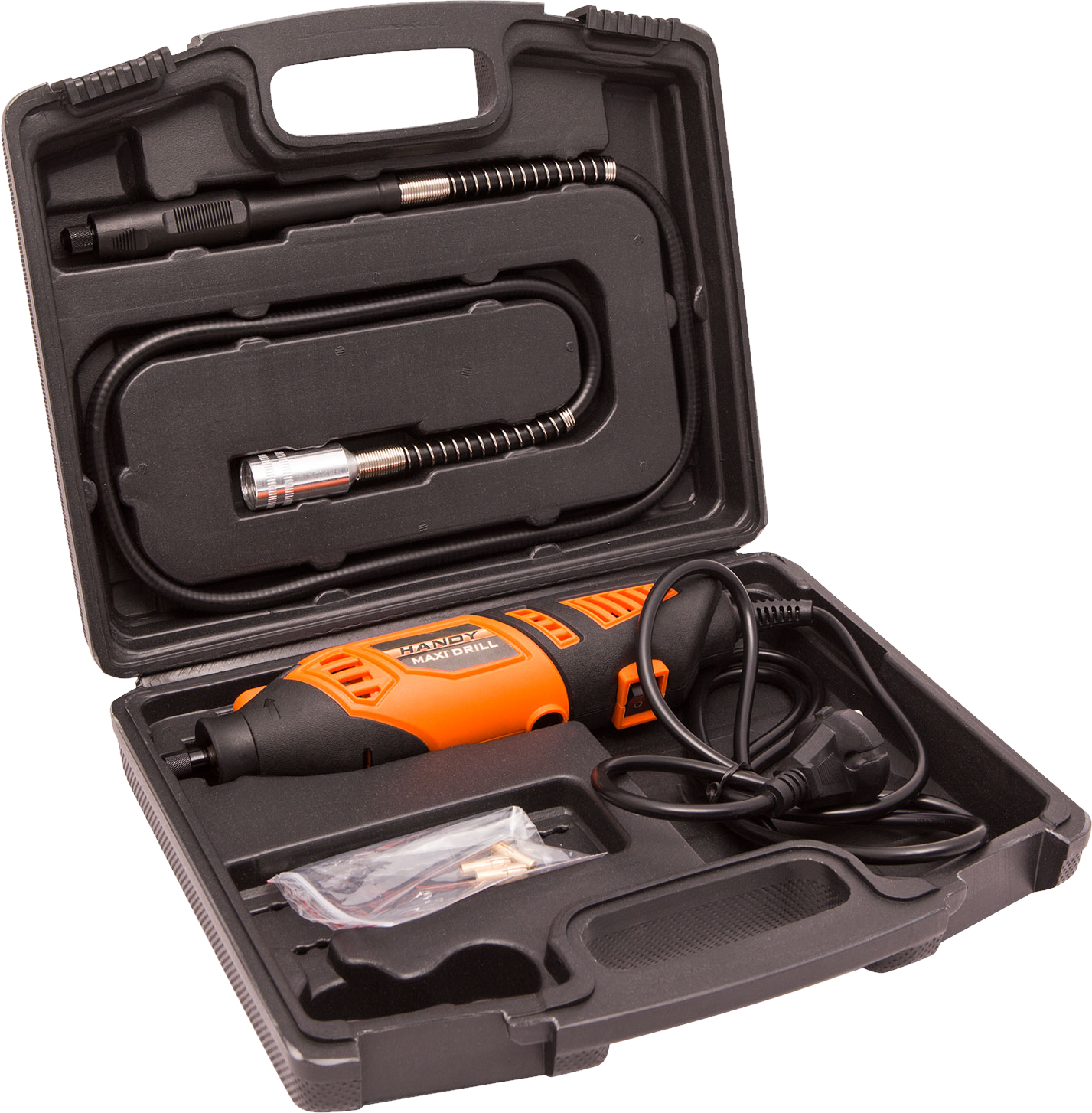 Egy narancssárga-fekete Handy Maxi Drill készlet egy nyitott fekete tokban, szerszámokkal.