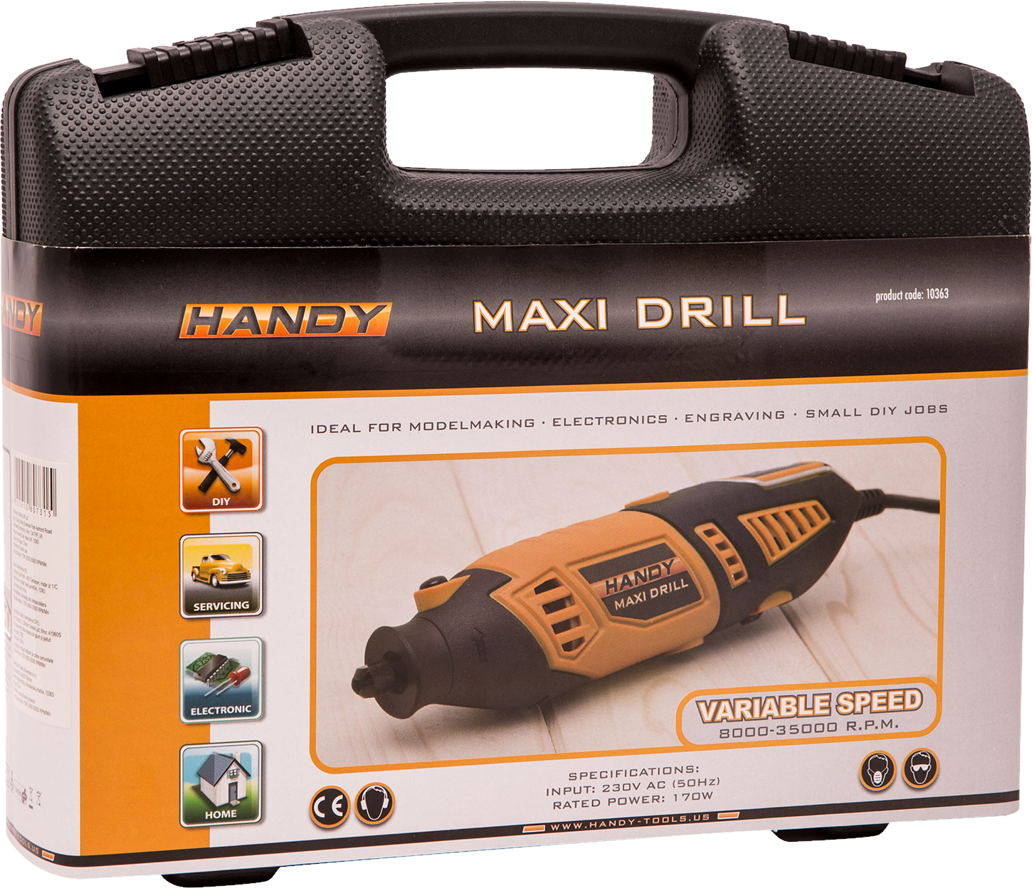 Handy Maxi Drill csomagolás. Narancssárga és fekete fúró szöveggel, ikonokkal és specifikációkkal.