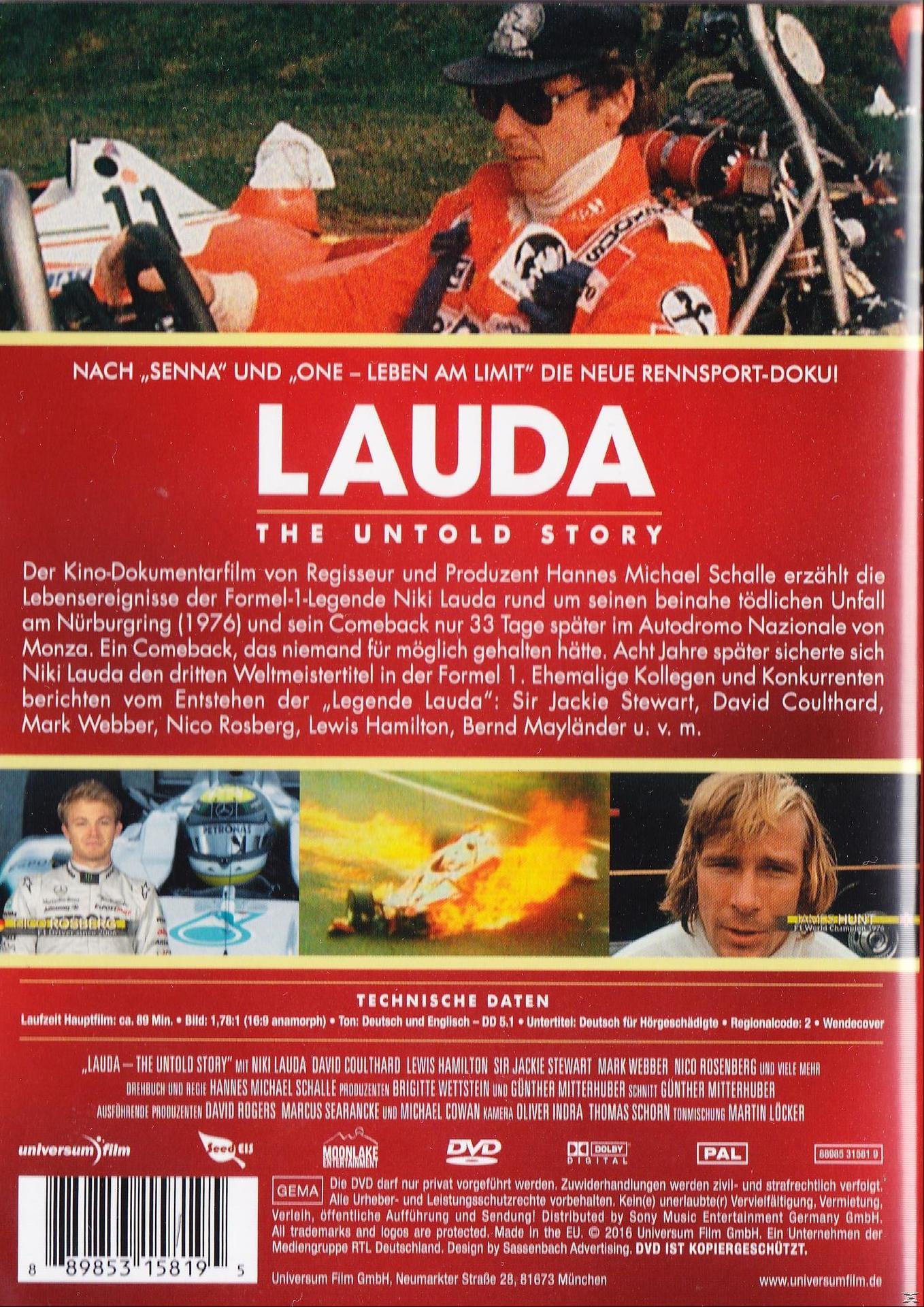 Ein DVD-Cover für einen Dokumentarfilm über Niki Lauda. Es hat ein Bild eines Autos und Text.