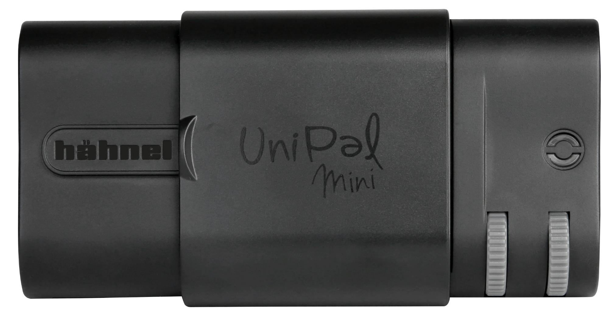 Ein schwarzes rechteckiges Gerät mit dem Text "hähnel" und "UniPal Mini". Es hat zwei Drehregler auf der rechten Seite.