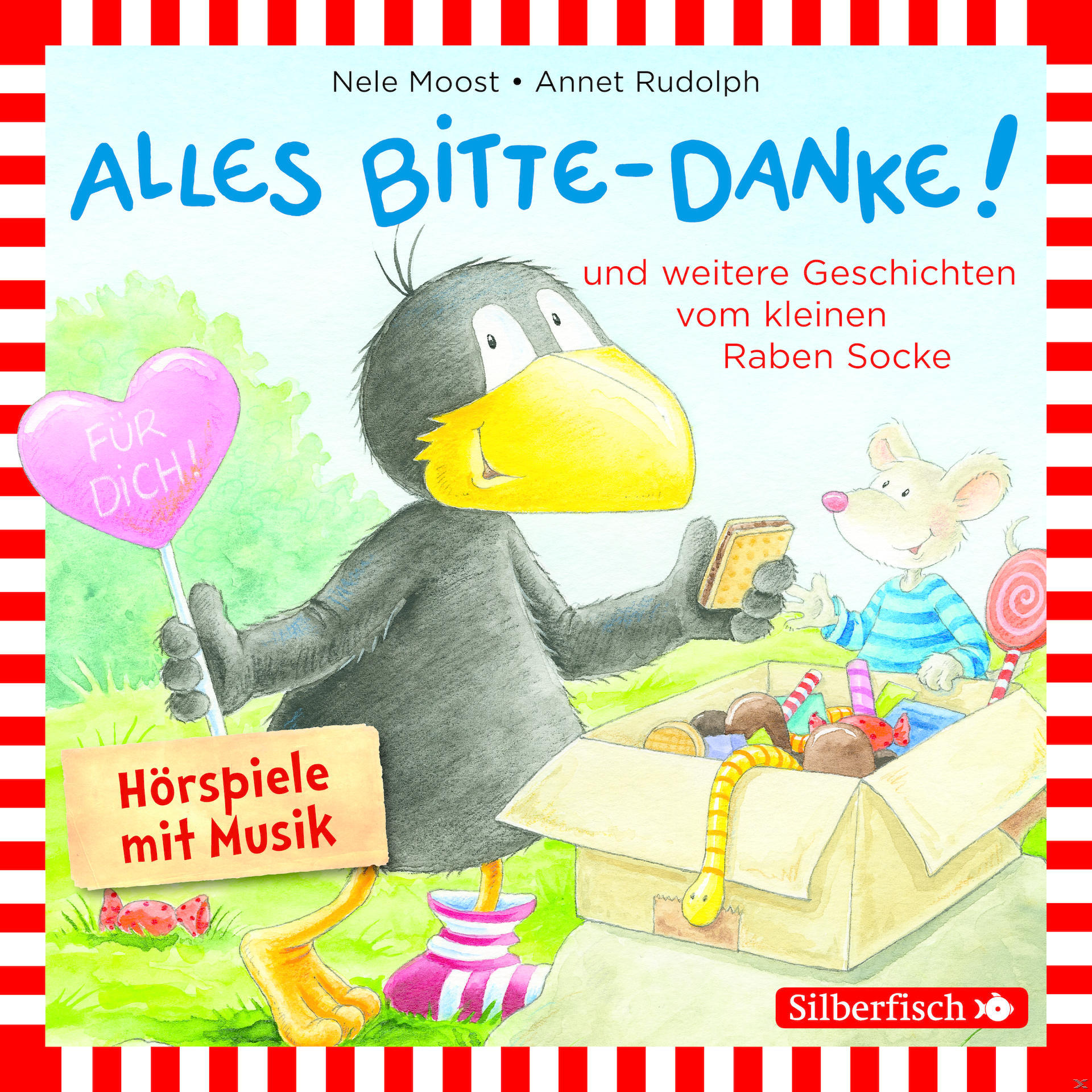 Kinderbuchcover mit einer Krähe, die einen herzförmigen Ballon hält, und Text.