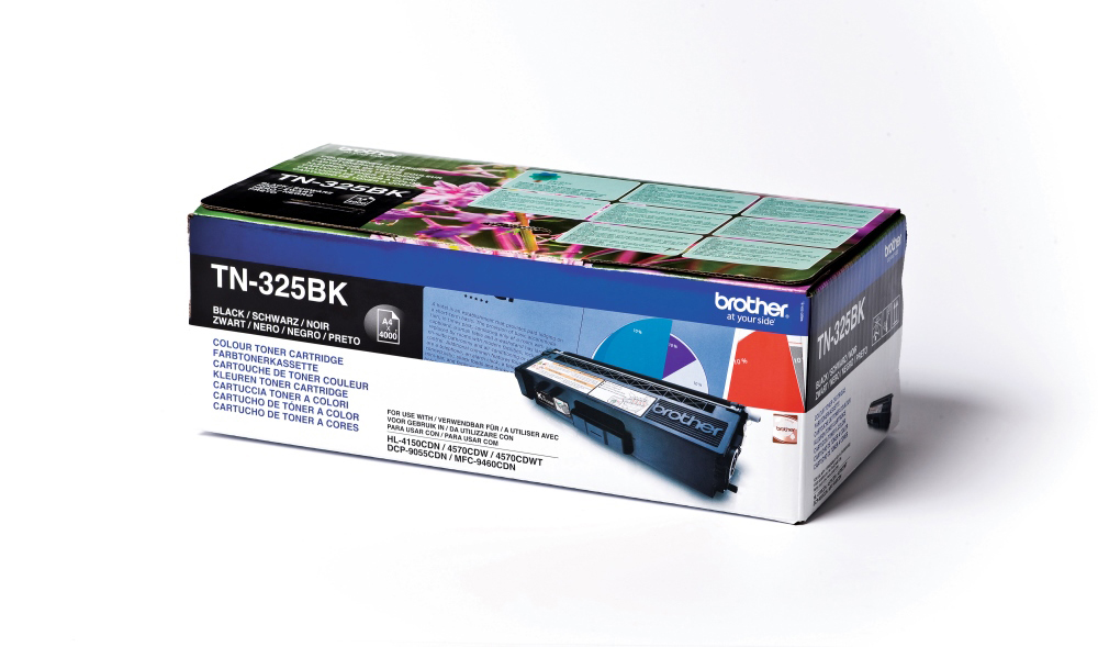 Box mit Brother TN-325BK Tonerpatrone. Zeigt die Patrone und ein Kreisdiagramm. Text in mehreren Sprachen.