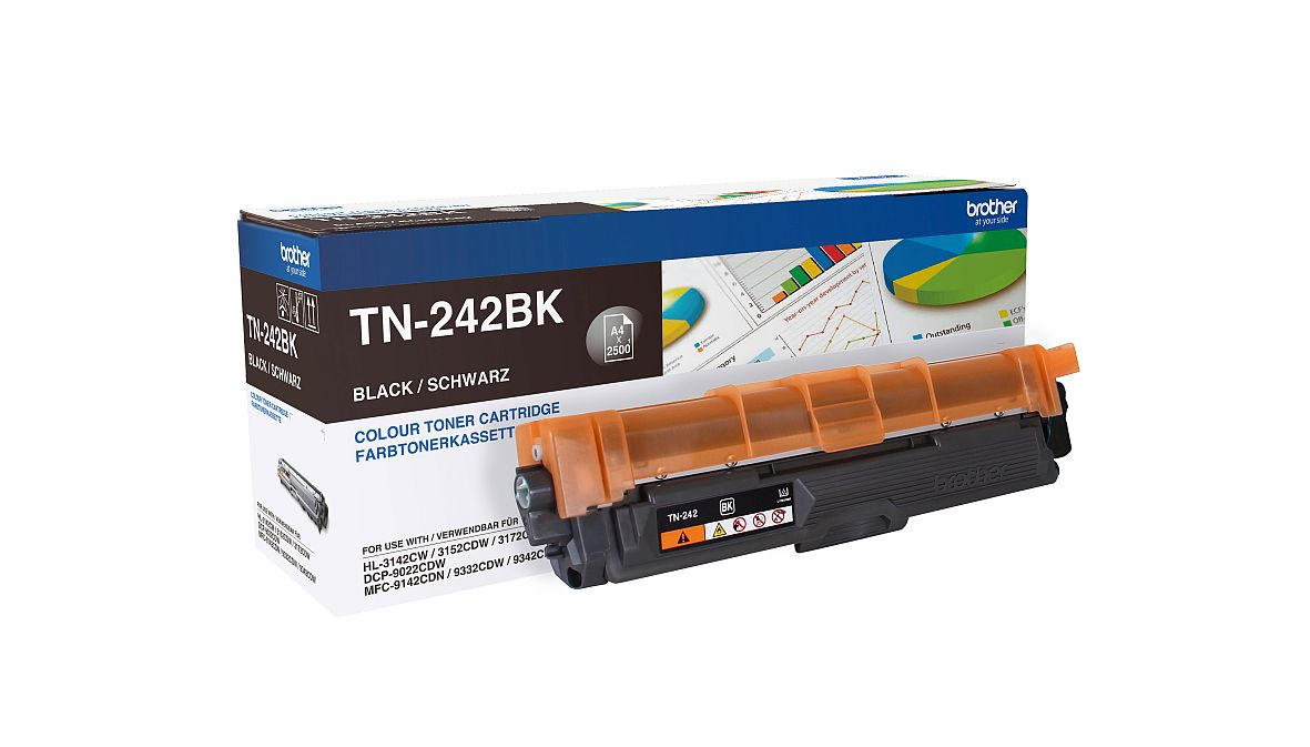 Brother TN-242BK schwarze Tonerkartusche in einer Box. Die Box hat Farbdiagramme und '2500' Ergiebigkeit.
