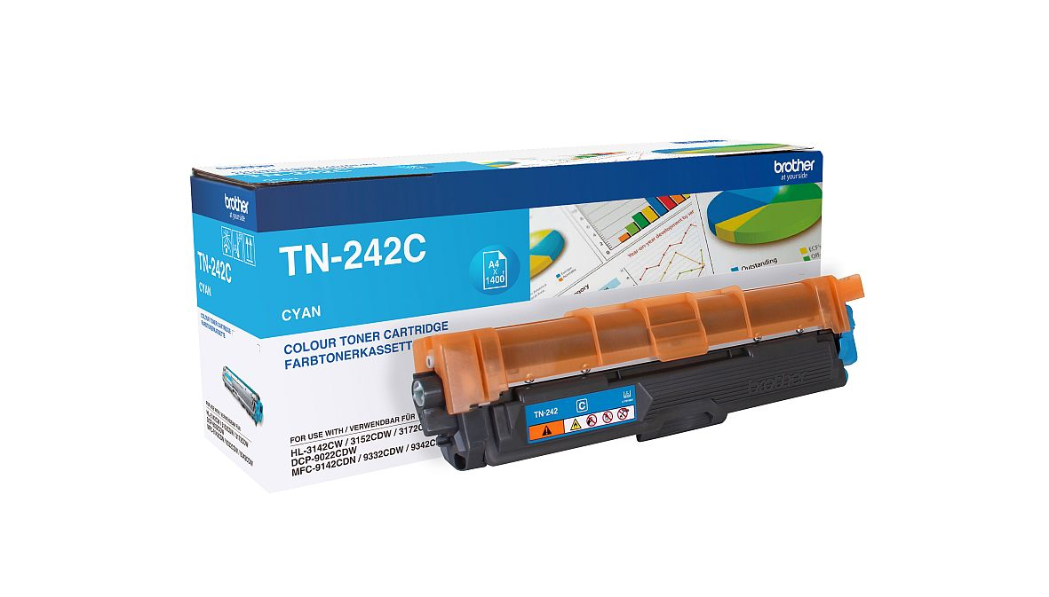 Ein cyanfarbener Brother-Tonerkartuschenkarton und eine Tonerkartusche. Die Kartusche ist orange und schwarz.