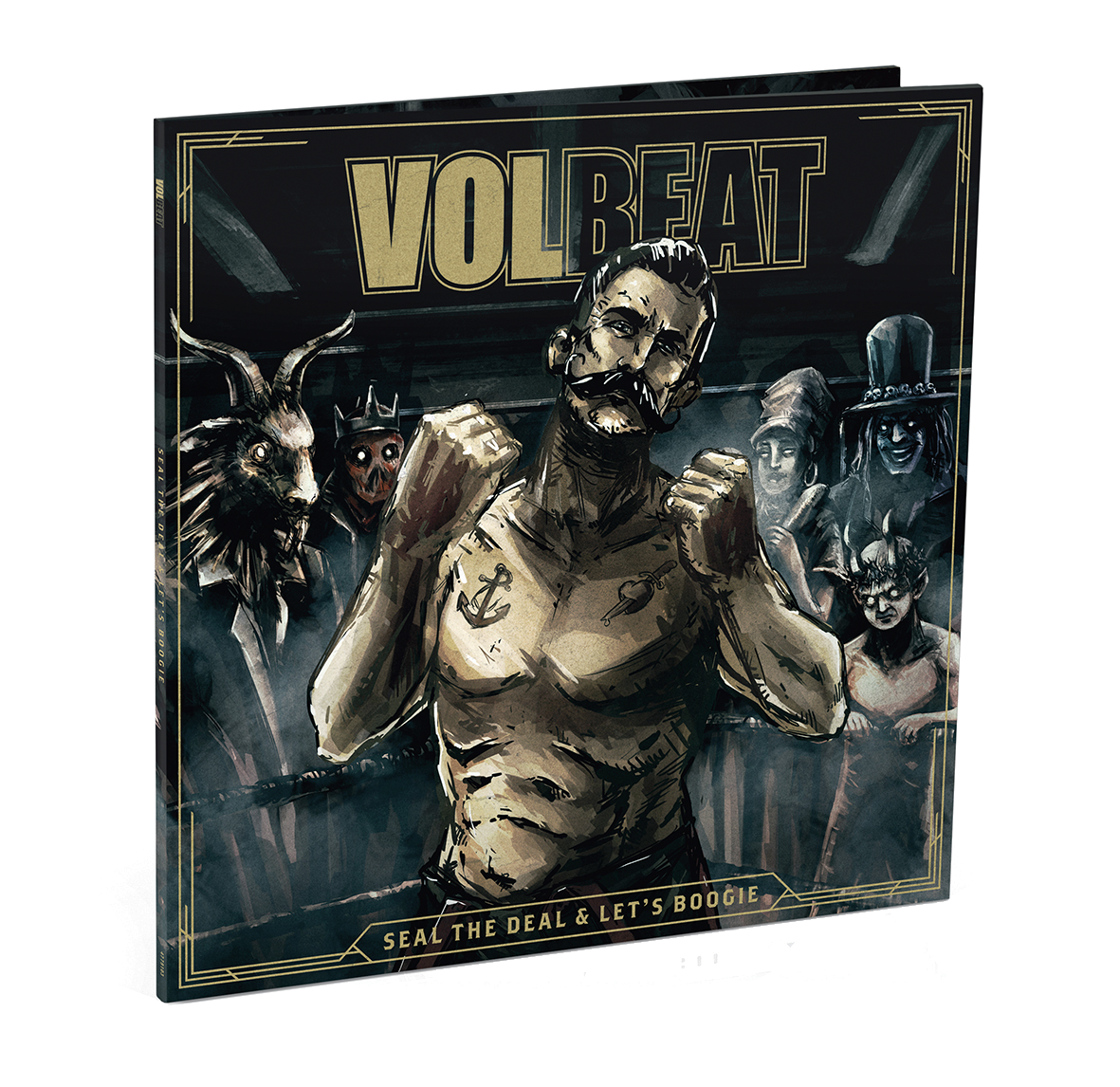 Albumcover von Volbeat mit einem Mann in einem Boxring, umgeben von Karikaturen.