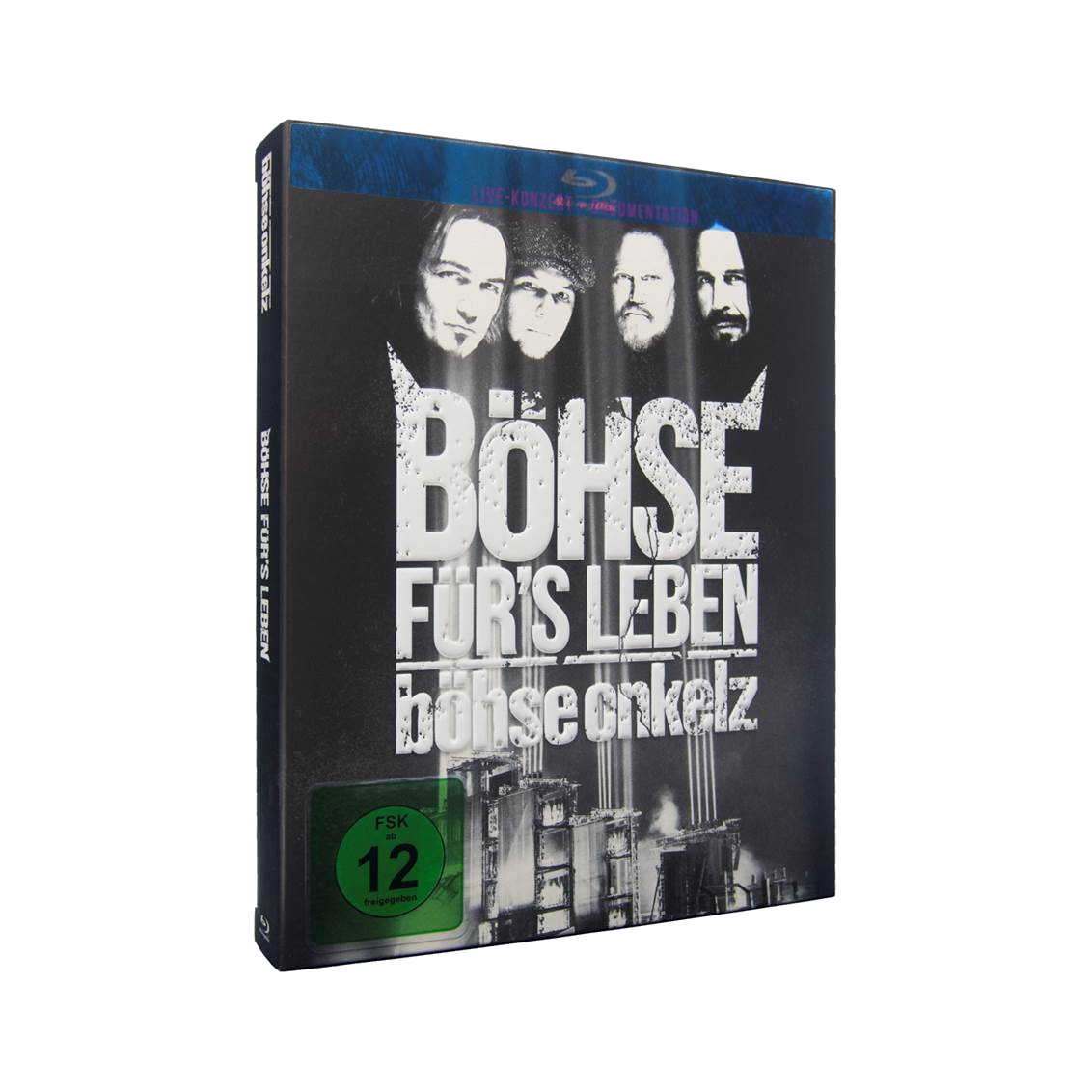 DVD-Hülle mit Bandmitgliedern. Titel: Böhse für's Leben. Der Hintergrund ist schwarz.