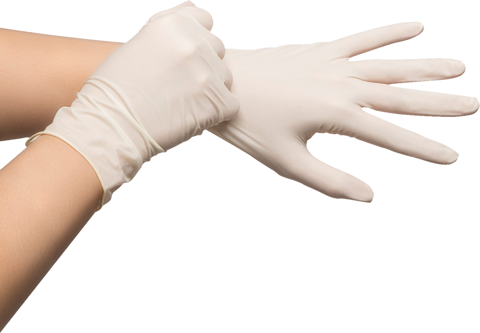 Kezek fehér kesztyűt húznak fel. A kezek fekete háttér előtt vannak.