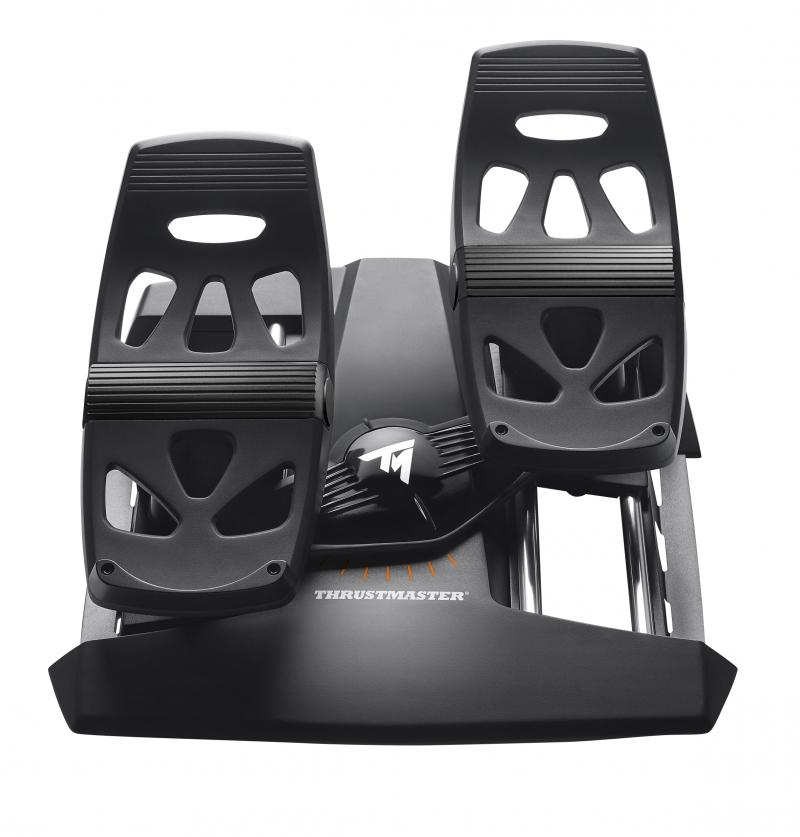 Black gaming pedals with the Thrustmaster logo.