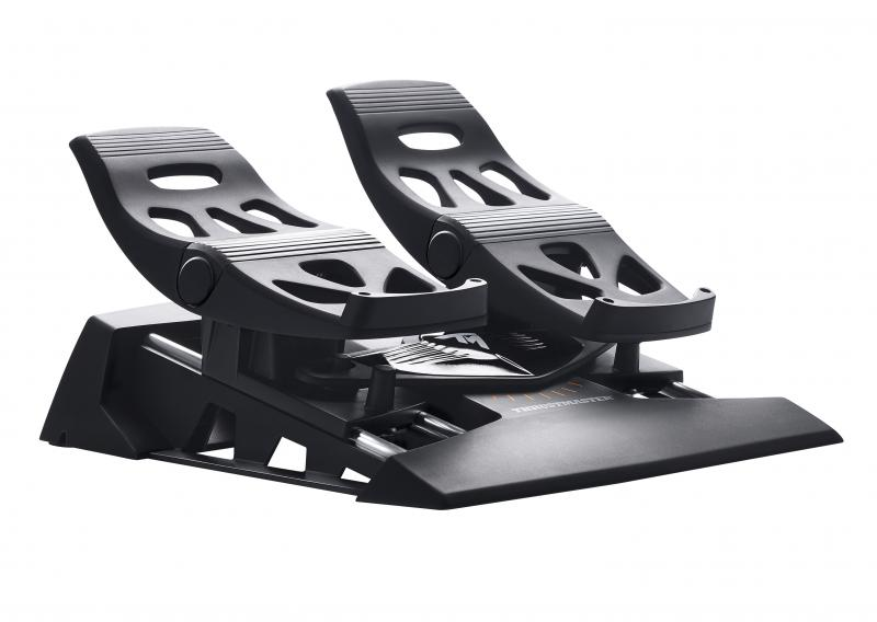 Black Thrustmaster flight simulator pedals on white background. Two pedals visible.