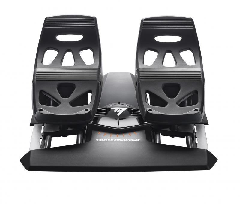 Gaming pedals for flight simulation. Black with silver accents, positioned on a base.