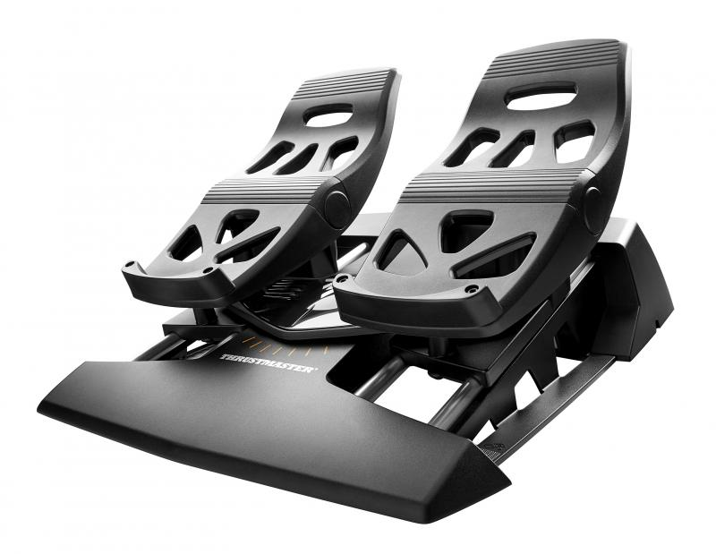 Black Thrustmaster pedals. Two foot pedals on a black base.