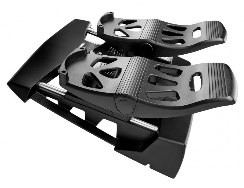 Black foot pedals for a flight simulator. They are angled and have multiple slots.