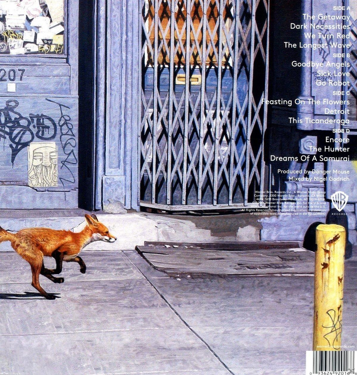 Ein Fuchs rennt auf einem Bürgersteig neben einem Gebäude mit Graffiti und einem Tor.