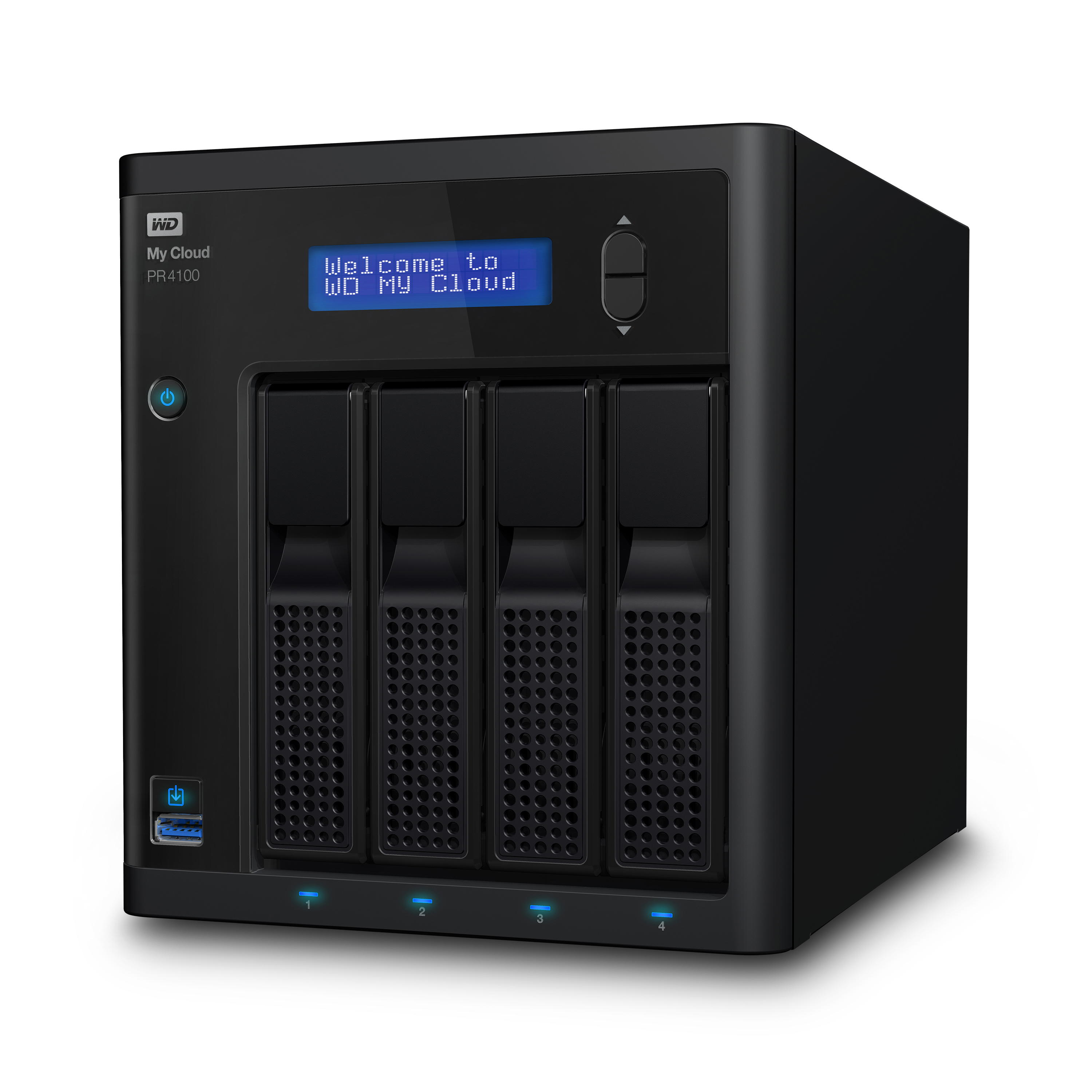 Schwarzes WD My Cloud PR4100 NAS. Display zeigt "Welcome to WD My Cloud". Vier Laufwerksschächte sichtbar.