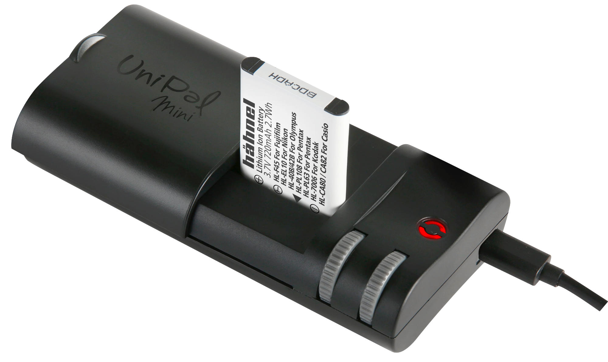 Schwarzes Batterieladegerät mit einer weißen Batterie. Das Ladegerät hat ein rotes Licht.