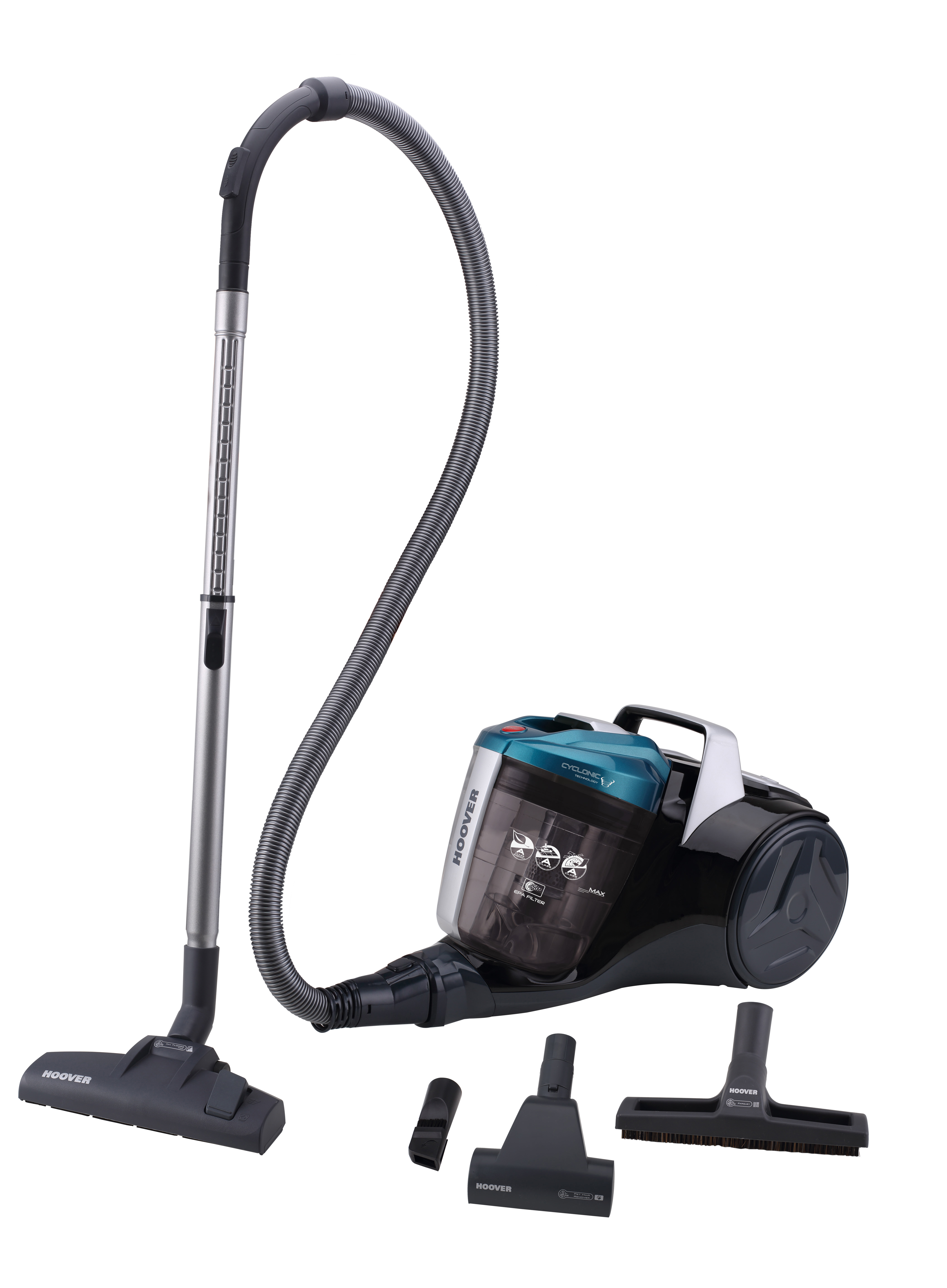 Hoover Staubsauger-Set mit mehreren Aufsätzen. Der Hauptkörper ist schwarz und blau, mit einem silbernen Rohr.