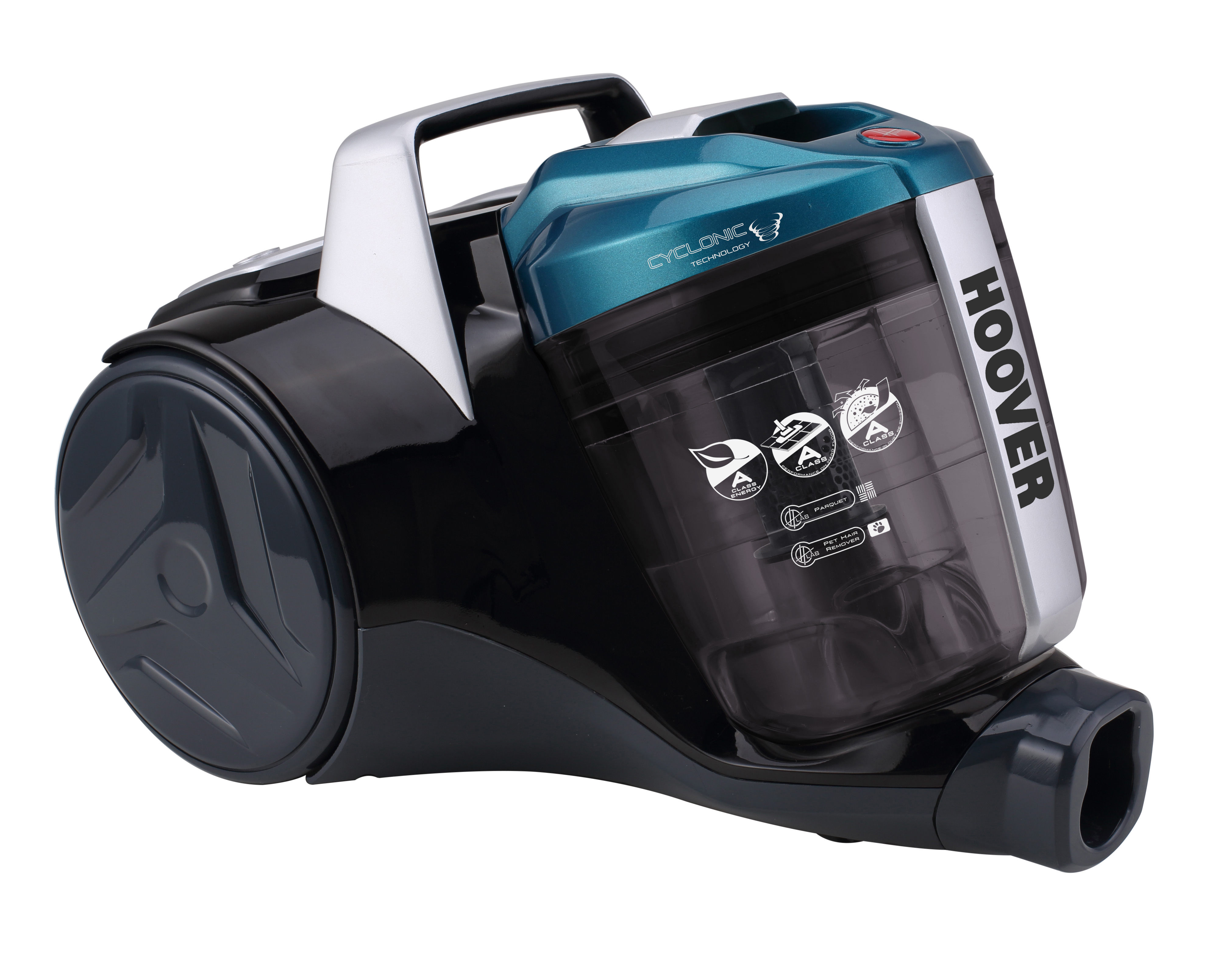 Hoover Staubsauger, schwarz und grau, mit transparentem Staubbehälter. Seitenansicht.