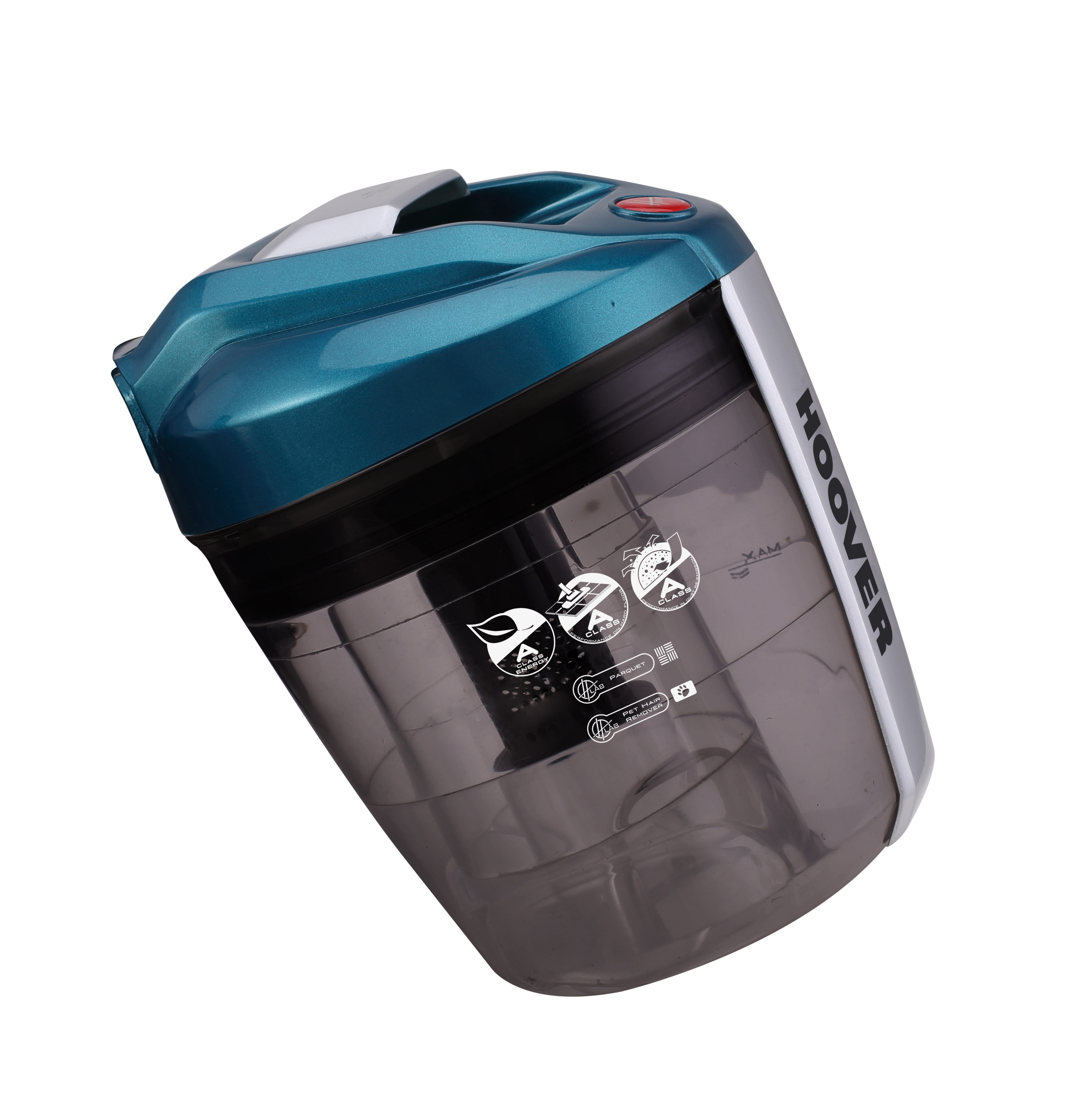 Ein transparenter Staubsaugerbehälter mit blauem Deckel, isoliert auf Weiß.