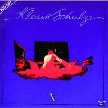 Albumcover. Blauer Hintergrund, rotes abstraktes Design, weißer Text: Klaus Schulze, X.