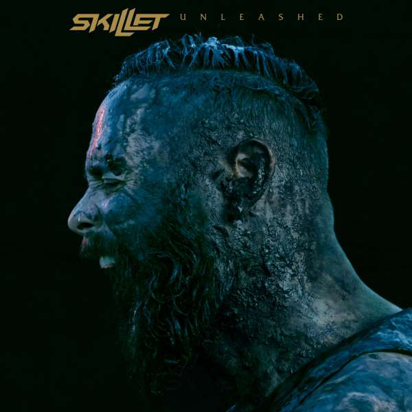 A Skillet 'Unleashed' album borítója. Egy férfi arca, sötét anyaggal bevonva, a borítón látható.