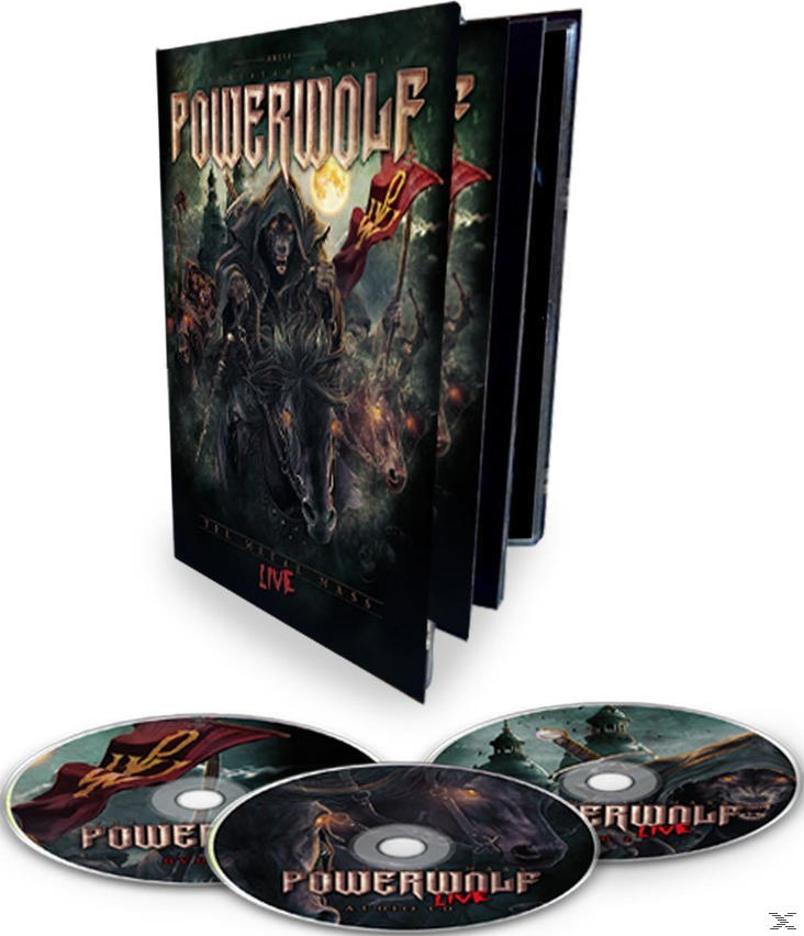 Powerwolf-Albumcover mit dunkler Illustration und einem Satz CDs.