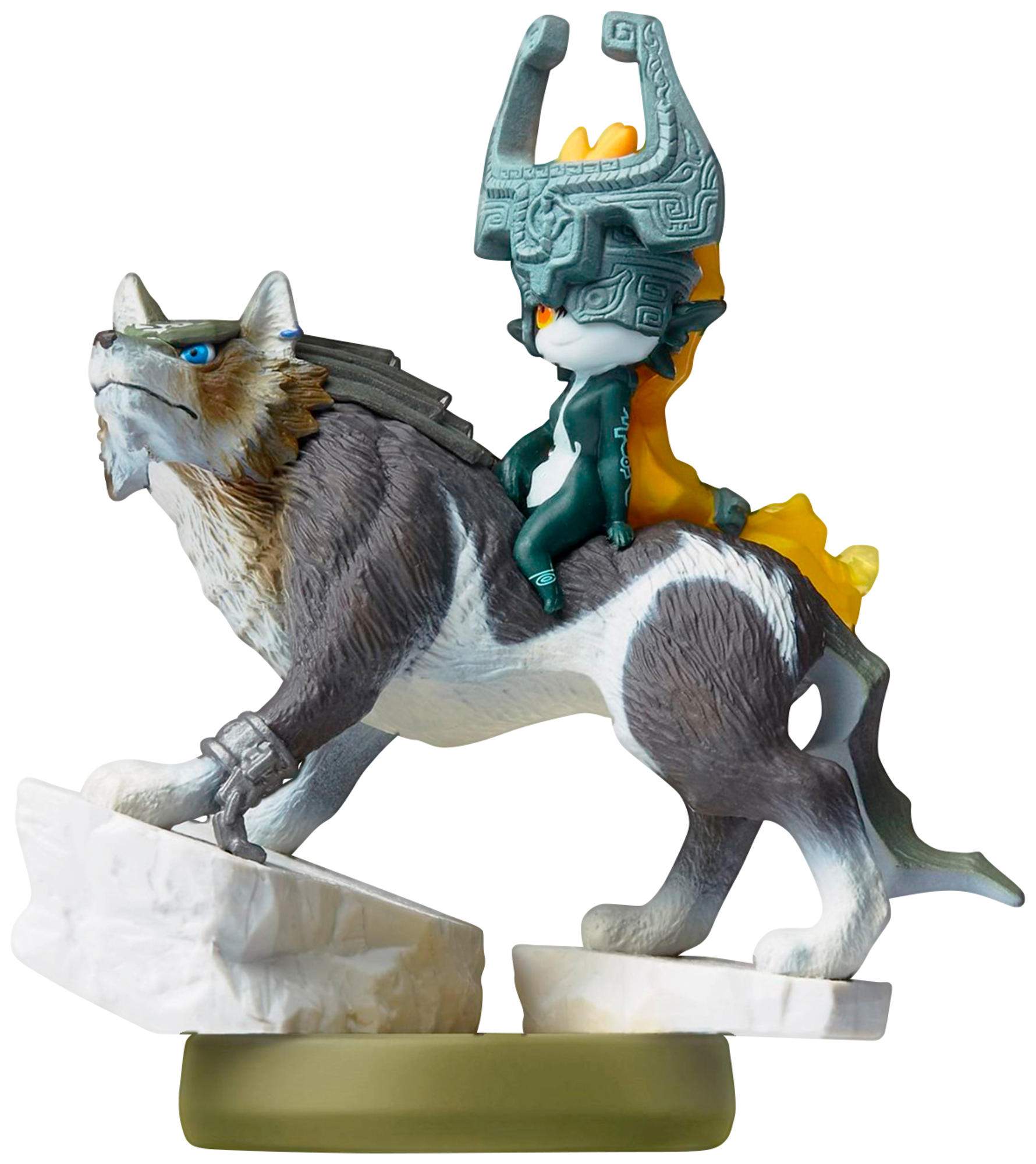Figur reitet auf einem wolfsähnlichen Geschöpf mit einem Schwert, auf einem Sockel, auf weißem Grund.