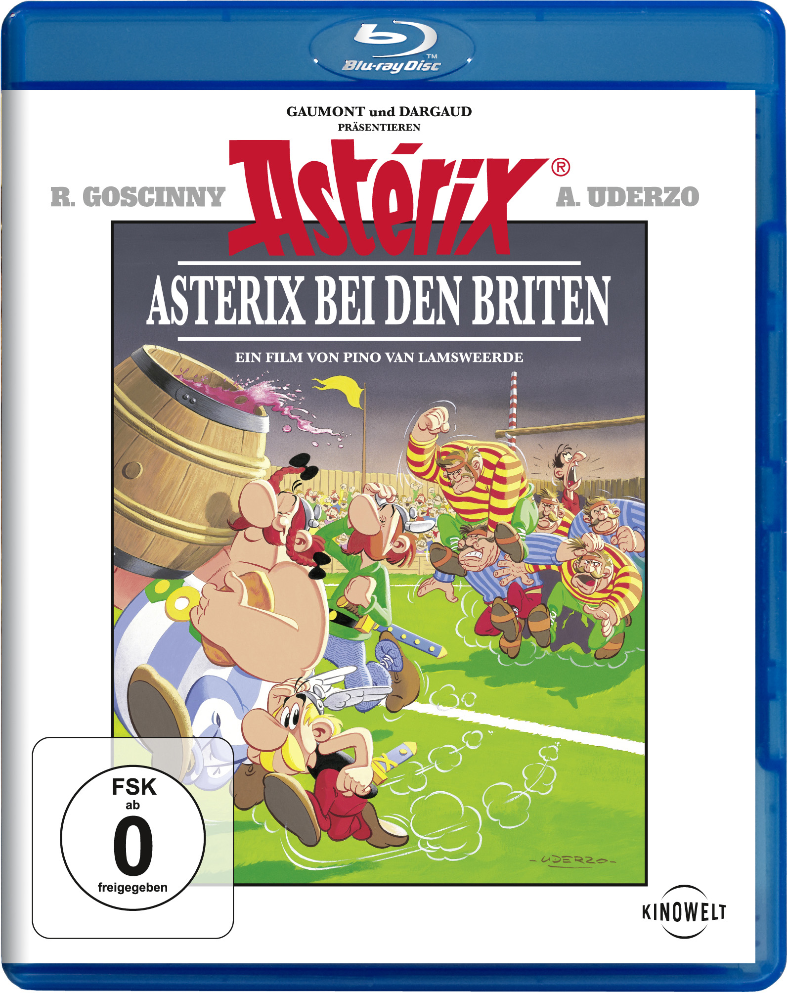 Blu-ray-Cover des Asterix-Films mit Zeichentrickfiguren und Stadion.
