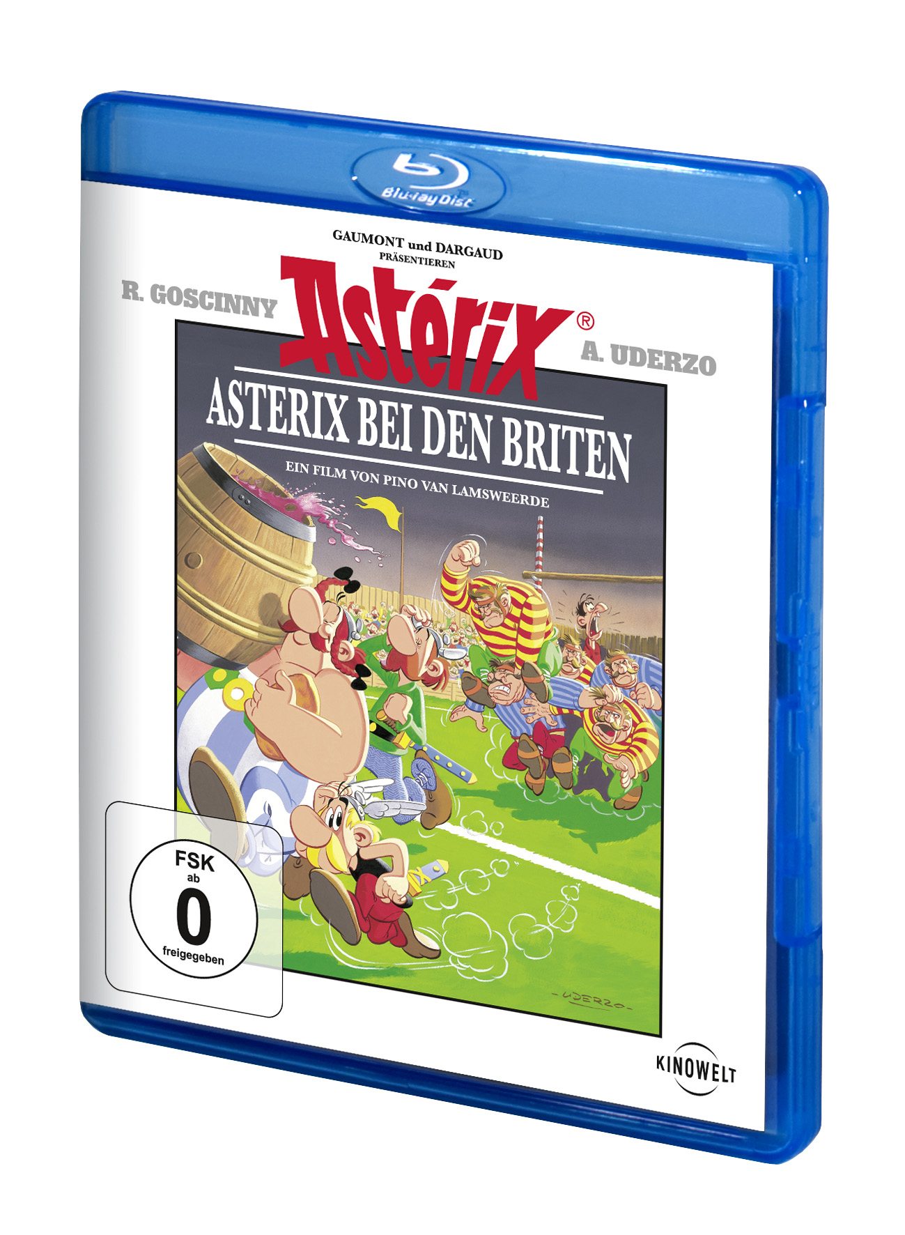 Blu-ray-Cover für Asterix bei den Briten, Zeichentrickfiguren.