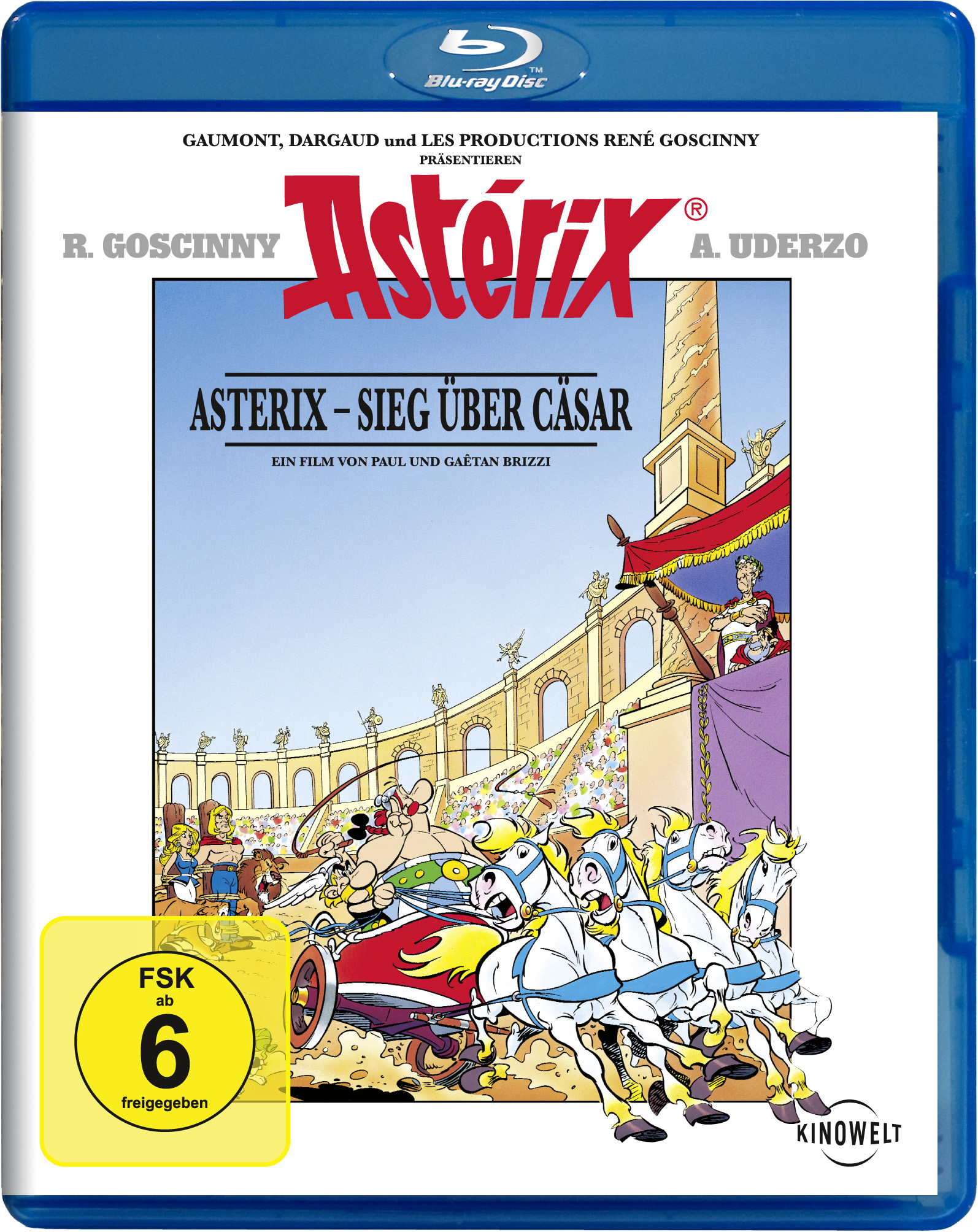 Asterix DVD-Cover mit Asterix, Obelix und Römern. Blaue Hülle. Cartoon-Stil.