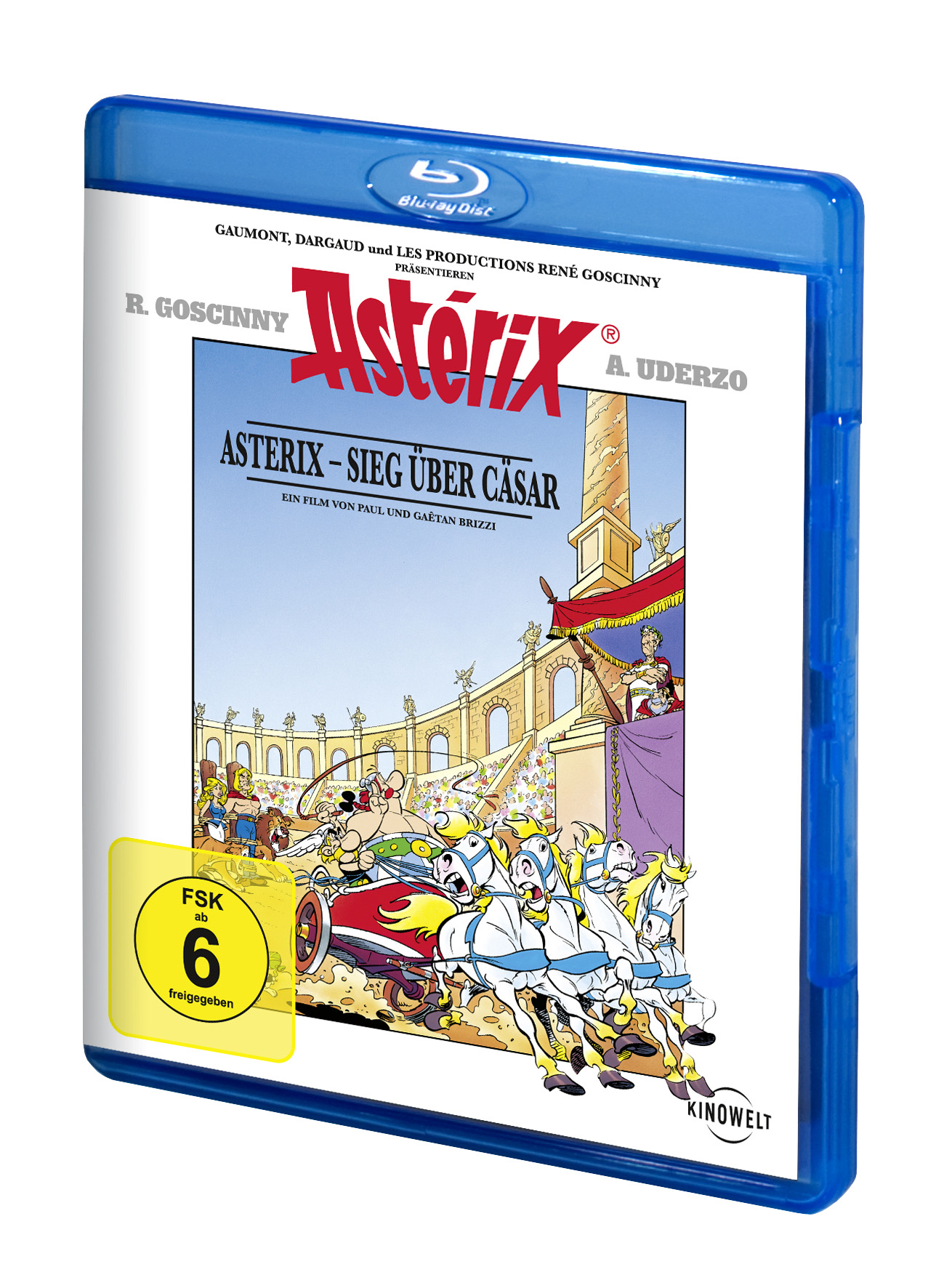 Blu-ray-Filmcover: Asterix - Sieg über Cäsar. Zeigt eine Szene eines Wagenrennens in einer Arena. Das Cover ist blau.
