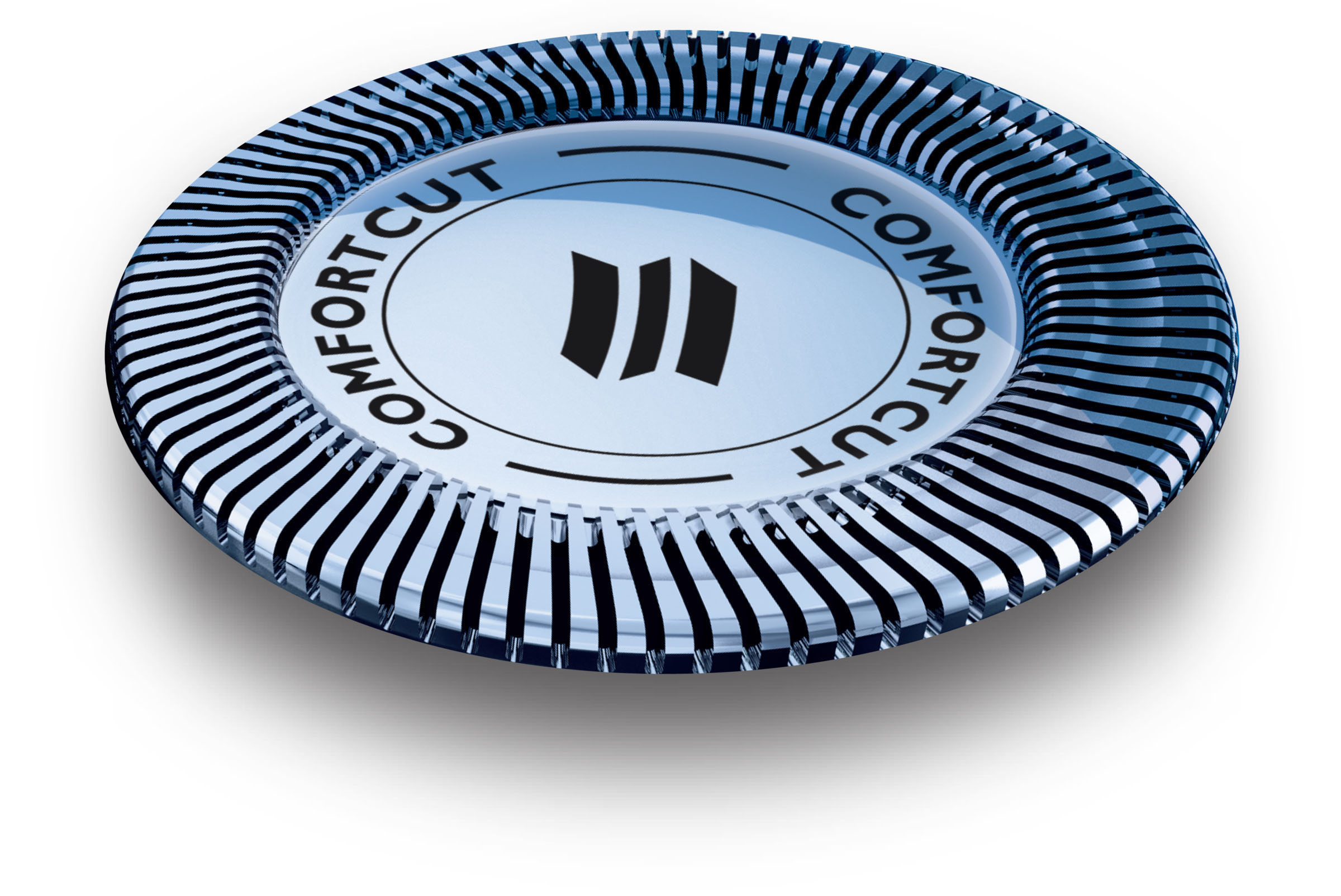 Appareil circulaire chromé avec texte 'COMFORTCUT' et un logo noir, sur fond blanc.