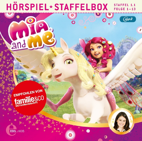 DVD-Cover mit einem Cartoon-Einhorn und einem Mädchen. Der Text lautet Mia and Me.