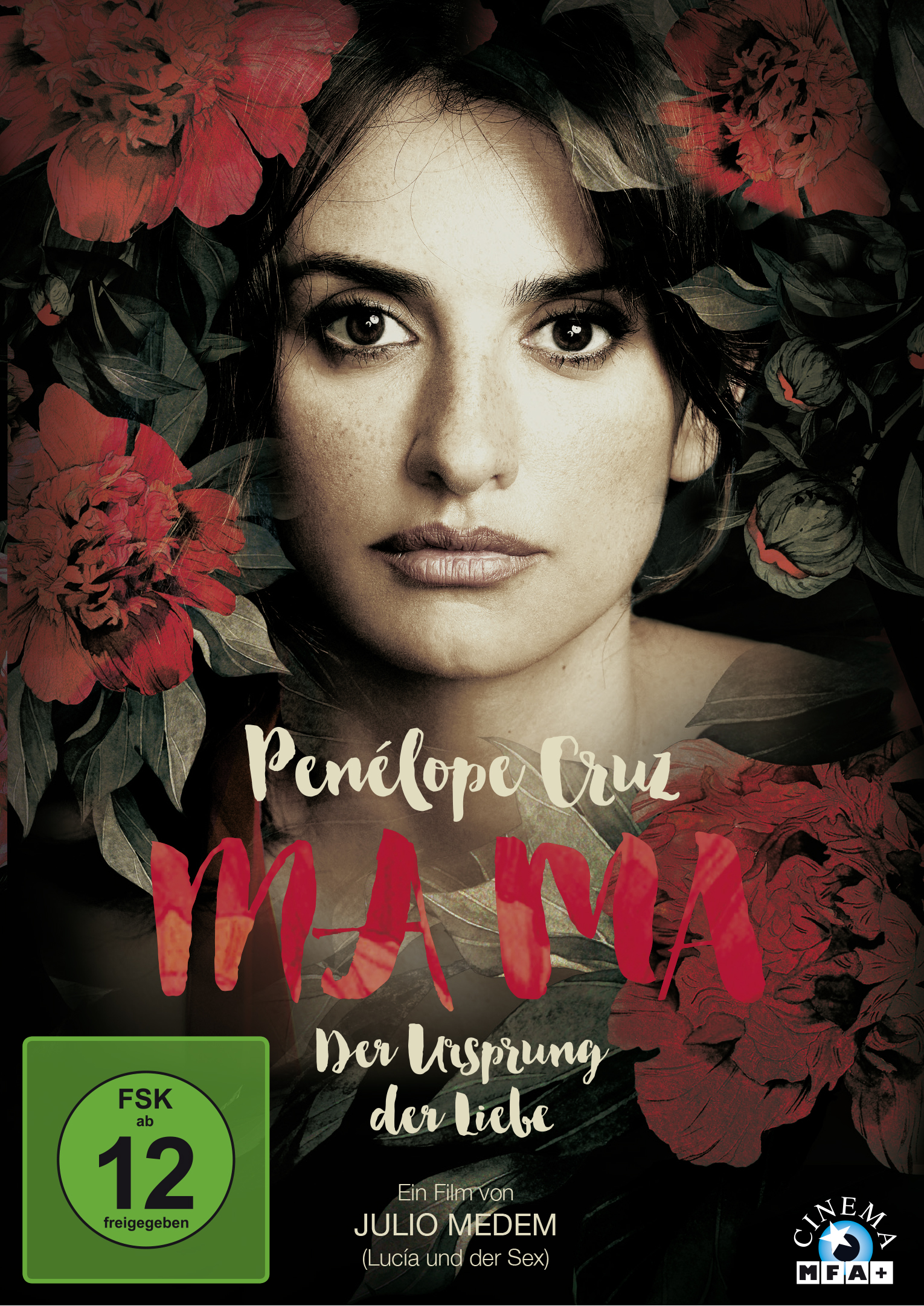 Filmposter für 'Ma Ma' mit Penélope Cruz, umgeben von Blumen, mit Text auf Spanisch und Deutsch.