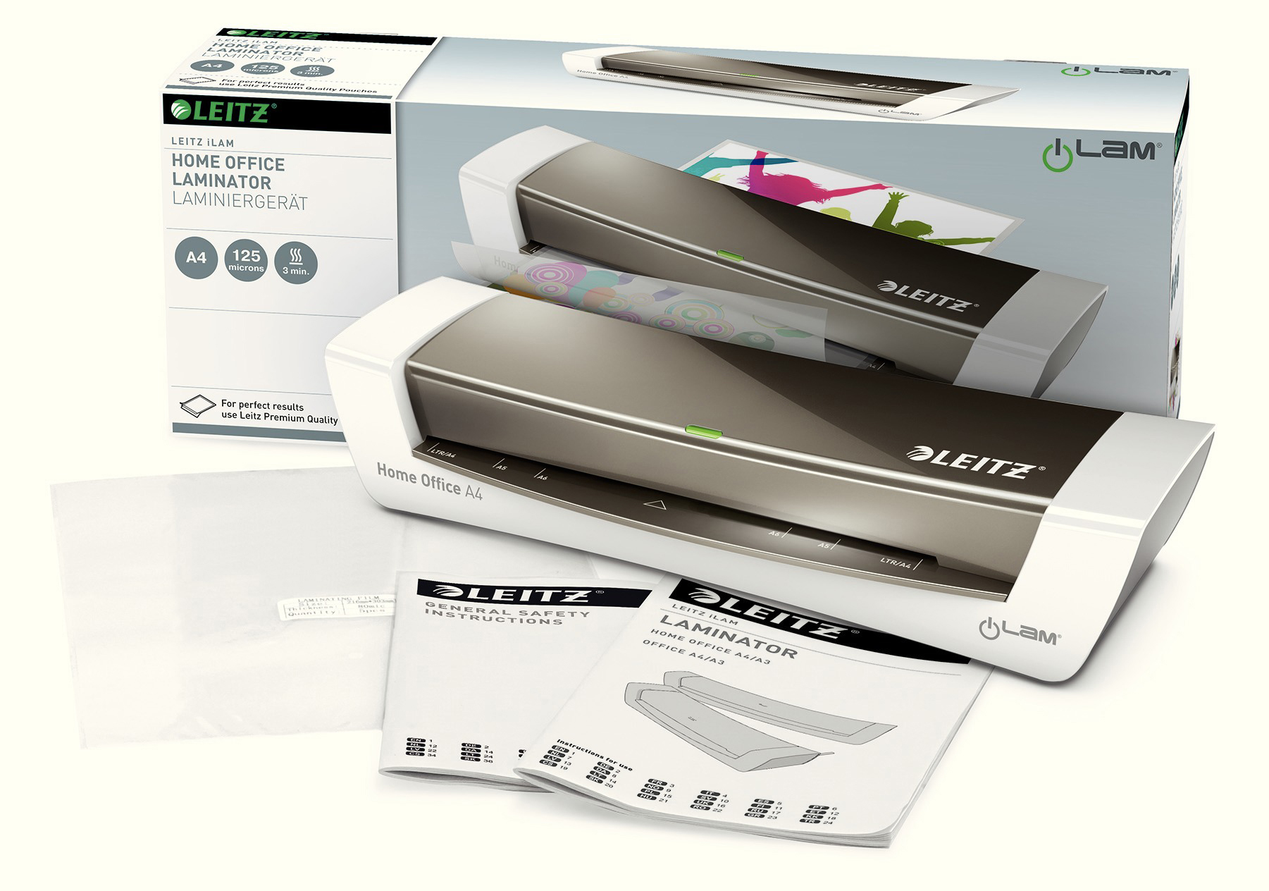 Ein Leitz Home-Office-Laminator-Set. Enthält Laminator, Karton, Anleitungen und Laminierfolien. Der Laminator ist grau und weiß.