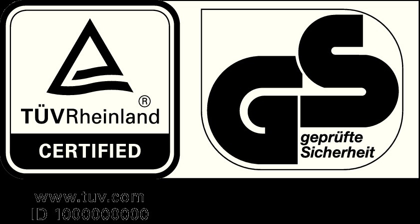 Logos von TÜV Rheinland und GS, die Sicherheitszertifizierungen anzeigen, auf weißem Hintergrund.